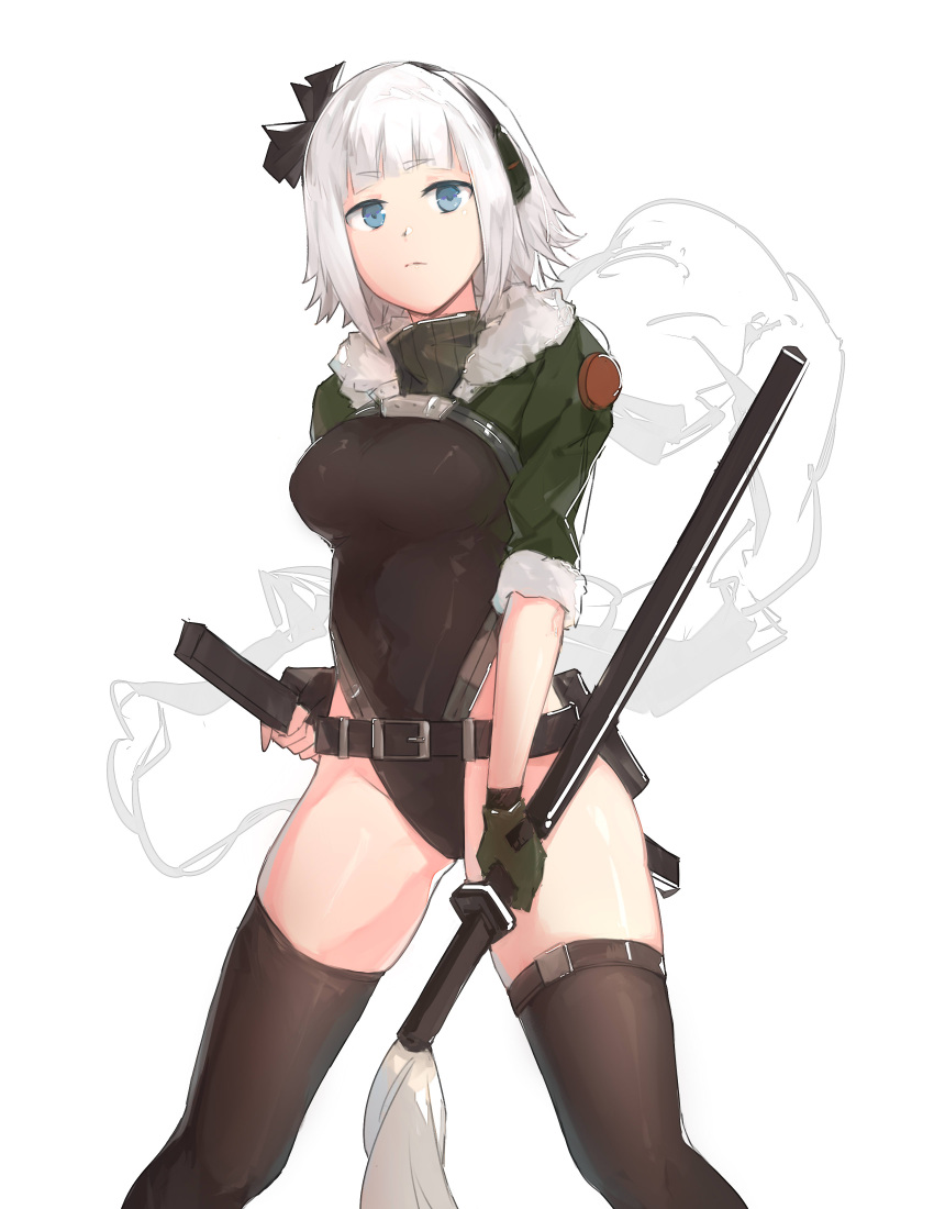 1girl absurdres bangs blue_eyes blunt_bangs breasts commentary_request cosplay expressionless feet_out_of_frame fur_trim girls'_frontline gloves hair_ornament headphones hei_chuan_gui highres holding konpaku_youmu konpaku_youmu_(cosplay) konpaku_youmu_(ghost) konpaku_youmu_(ghost)_(cosplay) large_breasts leotard looking_at_viewer pp-19_(girls'_frontline) short_hair solo standing thighhighs touhou