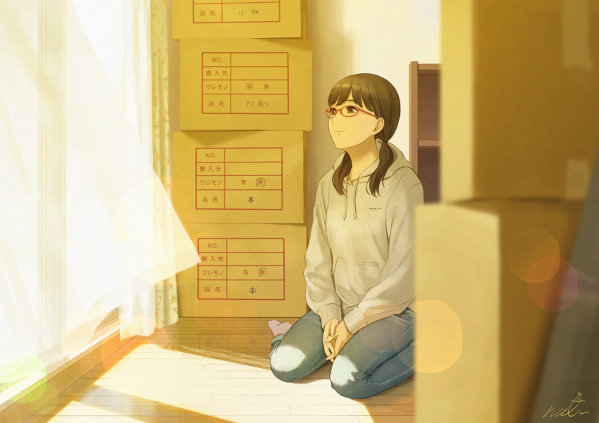 1girl bangs box brown_eyes brown_hair cardboard_box closed_mouth day denim glasses highres hood hoodie indoors jeans looking_away medium_hair original pants papi_(papiron100) signature sitting smile socks solo twintails