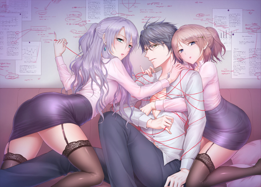 1boy 2girls aqua_eyes ass bangs black_hair black_pants black_shirt blue_eyes breasts brown_hair brown_legwear buttons collared_shirt commentary_request couch dress_shirt earrings garter_straps glasses grey_hair hair_between_eyes half_updo hand_up himuro_ayame indoors jewelry kanade_kotonoha lace-trimmed_legwear lace_trim large_breasts leaning_forward long_hair long_sleeves looking_at_viewer looking_back multiple_girls no_shoes open_clothes open_mouth pants partially_unbuttoned pencil_skirt ponytail red_nails rikei_ga_koi_ni_ochita_no_de_shoumeishitemita shirt shirt_tucked_in short_hair skirt straddling string string_of_fate swept_bangs thick_thighs thighhighs thighs white_shirt wrapped_up yamamoto_arifred yellow_eyes yukimura_shinya