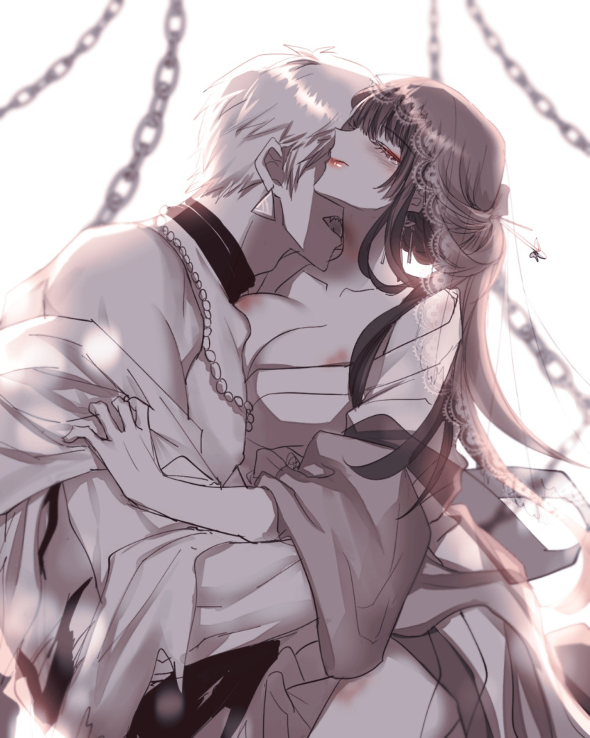 black_hair blush breasts bridal_veil couple eyeshadow female_saniwa_(touken_ranbu) highres hime_cut iwatooshi japanese_clothes kimono large_breasts makeup miko non-web_source red_eyes saniwa_(touken_ranbu) shiromuku touken_ranbu veil