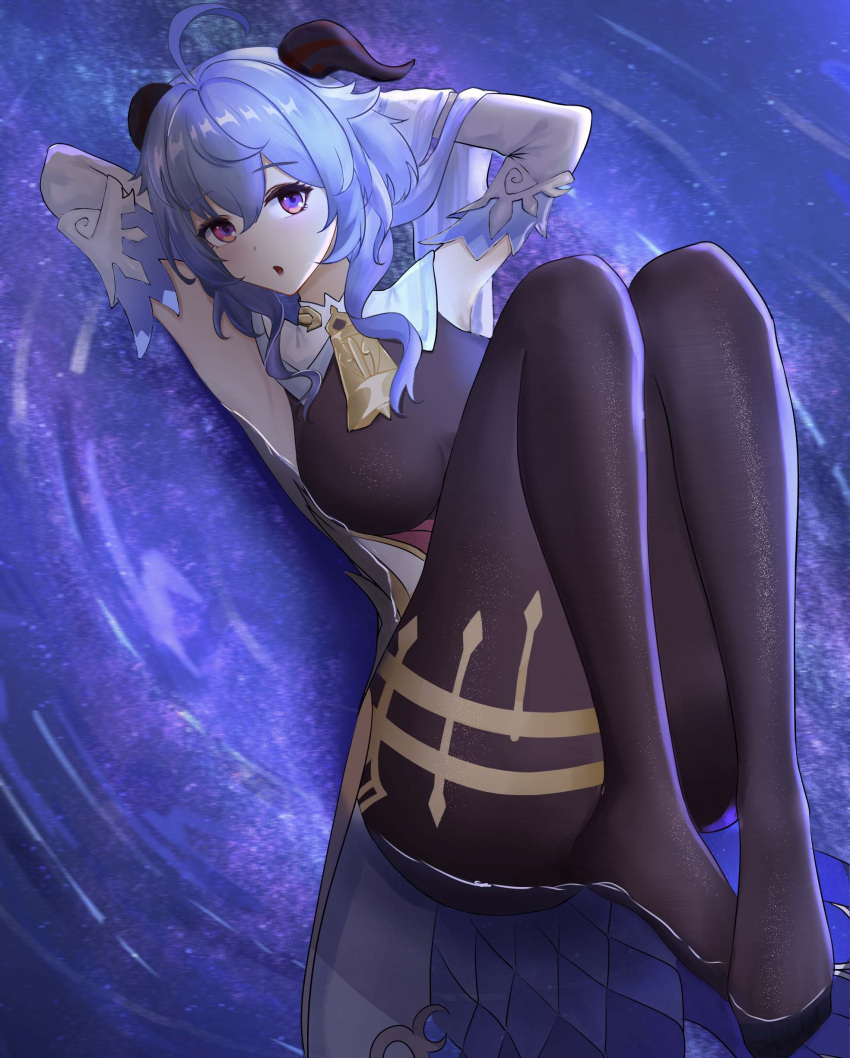 1girl :o absurdres ahoge arms_behind_head bangs black_legwear blue_hair bodystocking breasts cow_horns eyebrows_visible_through_hair full_body ganyu_(genshin_impact) genshin_impact highres horns legs_up long_hair looking_at_viewer lying magicc medium_breasts no_shoes on_back on_water open_mouth pantyhose purple_eyes simple_background solo thighs water