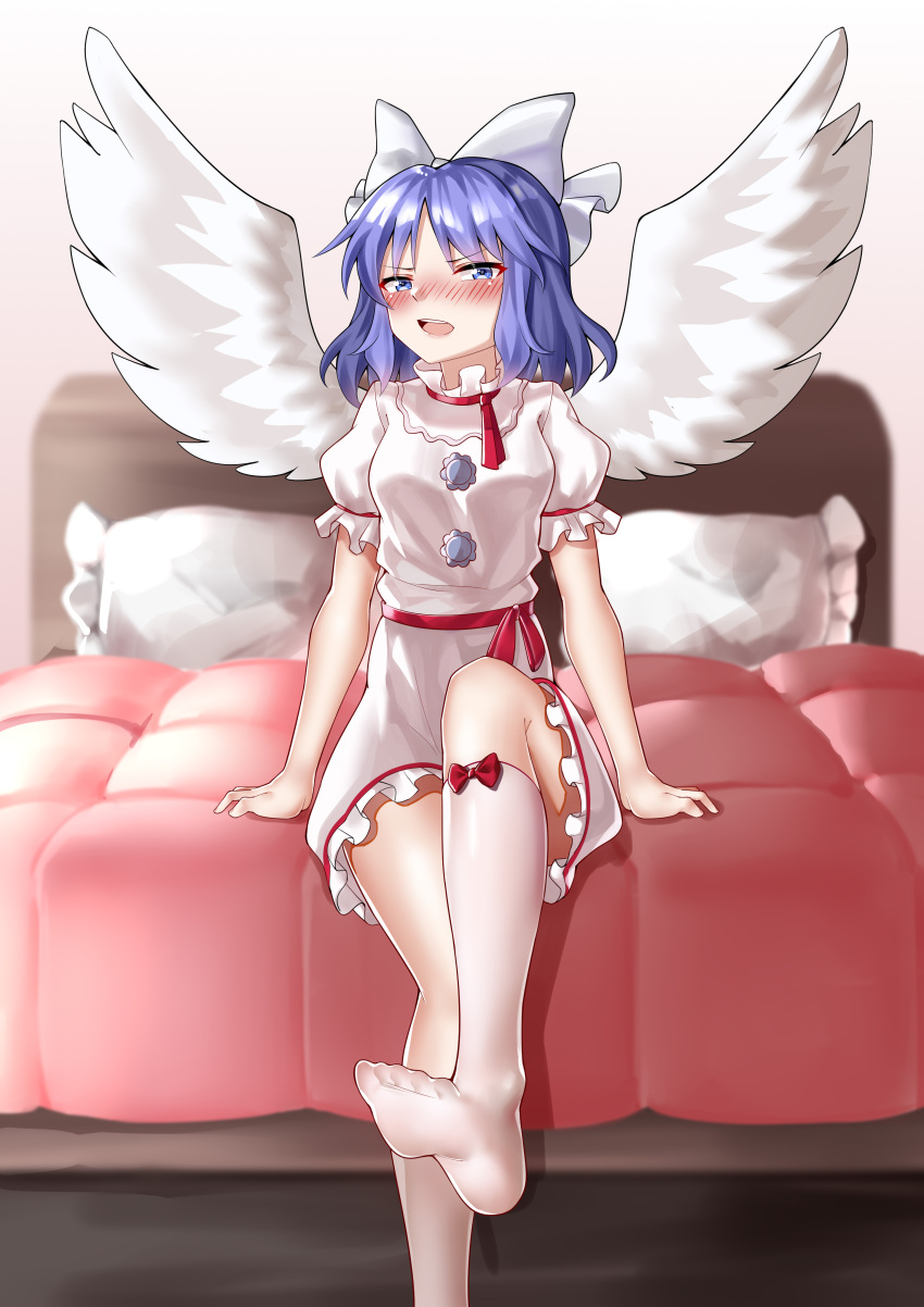 1girl absurdres ailu_elf angel_wings blue_eyes blue_hair blush bow bow_legwear commentary_request dress feathered_wings frilled_dress frilled_sleeves frills hair_bow highres kneehighs lying mai_(touhou) no_shoes on_back open_mouth puffy_short_sleeves puffy_sleeves red_ribbon red_sash ribbon sash short_sleeves sitting soles touhou touhou_(pc-98) white_dress white_legwear white_wings wings