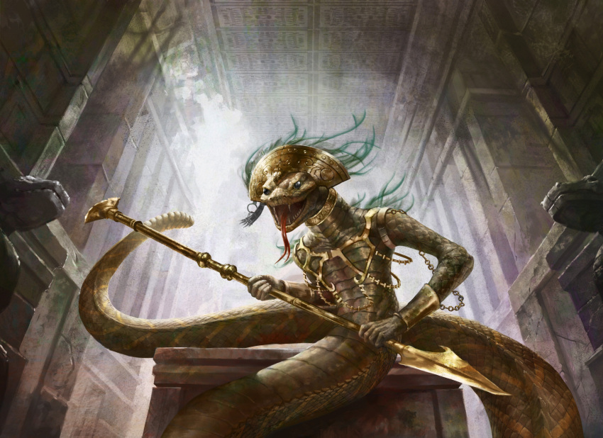 absurd_res ambiguous_gender ancient angry anthro apode bracelet chain chained collar cuff_(restraint) detailed_background draconcopode fantasy hi_res jewelry legless male melee_weapon naga nude polearm realistic reptile restraints ruckusleaf scalie serpentine shackles snake solo spear temple tongue tongue_out warrior weapon
