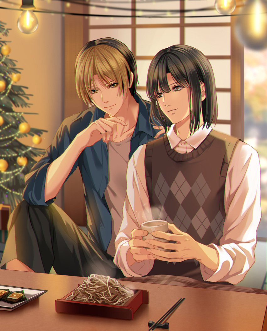 2boys argyle argyle_sweater_vest bangs black_hair blue_shirt blunt_bangs blurry brown_eyes brown_hair brown_sweater_vest chabudai_(table) chopstick_rest chopsticks christmas_lights christmas_tree couple cup depth_of_field dress_shirt eye_contact food highres hikaru_no_go holding holding_cup indoors knee_up kotatsu light_bulb light_smile looking_at_another luanma_luanma male_focus mug multicolored_hair multiple_boys open_clothes open_shirt shindou_hikaru shirt shouji sidelocks sliding_doors steam sweater_vest table touya_akira two-tone_hair white_shirt yaoi