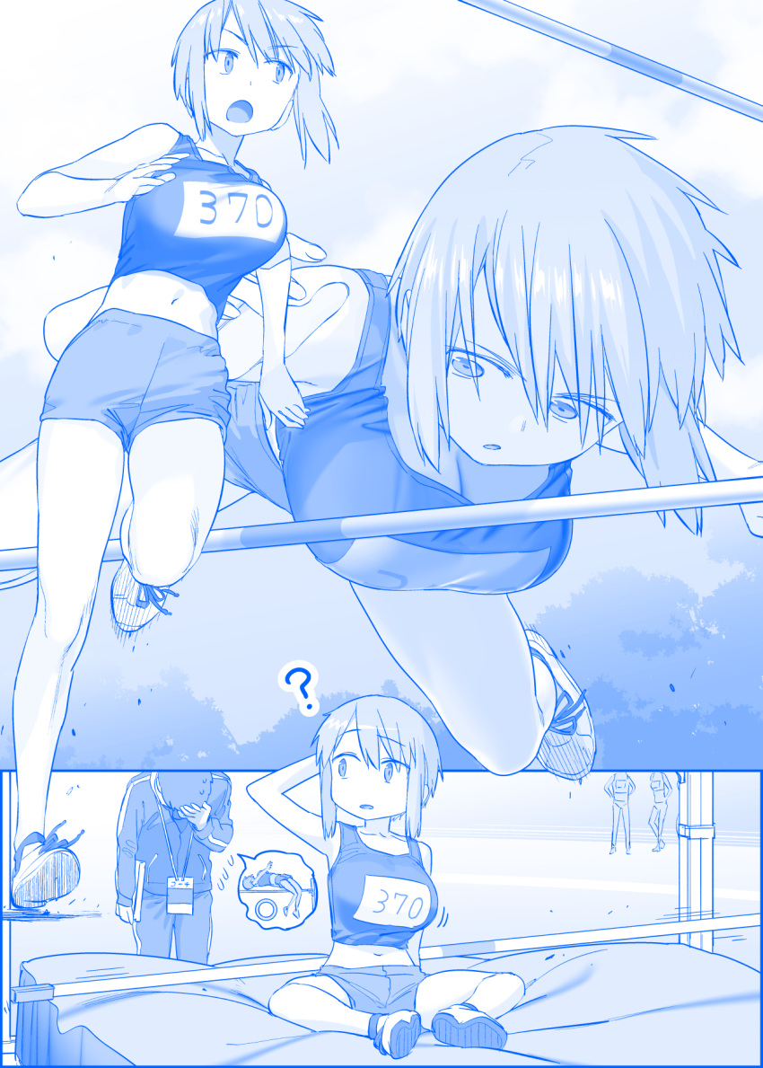 1boy 1girl ? blue_theme breasts cleavage clipboard coach commentary_request facepalm getsuyoubi_no_tawawa gimai-chan_(tawawa) highres himura_kiseki jumping large_breasts midriff open_mouth pole_vault running shoes short_hair shorts sneakers sweat