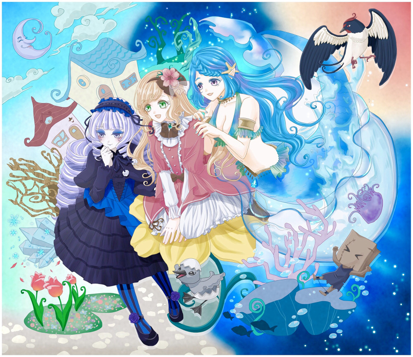 0334325 3girls armlet bag bag_on_head bikini bikini_top_only bird blue_dress blue_hair bow braid breasts charlotte_(zettai_meikyuu_himitsu_no_oyayubi-hime) cleavage closed_mouth cloud coral dress drill_hair duck duckling eggshell_hat esheru_(zettai_meikyuu_himitsu_no_oyayubi-hime) eyeshadow fish flower gothic_lolita green_eyes hair_bow hair_flower hair_ornament hairband highres jellyfish lolita_fashion lolita_hairband makeup mermaid monster_girl moon multiple_girls open_mouth paper_bag pink_dress purple_eyes siegward_(zettai_meikyuu_himitsu_no_oyayubi-hime) silver_hair smile starfish_hair_ornament striped striped_legwear svia_(zettai_meikyuu_himitsu_no_oyayubi-hime) swallow_(bird) swimsuit zettai_meikyuu_himitsu_no_oyayubi-hime