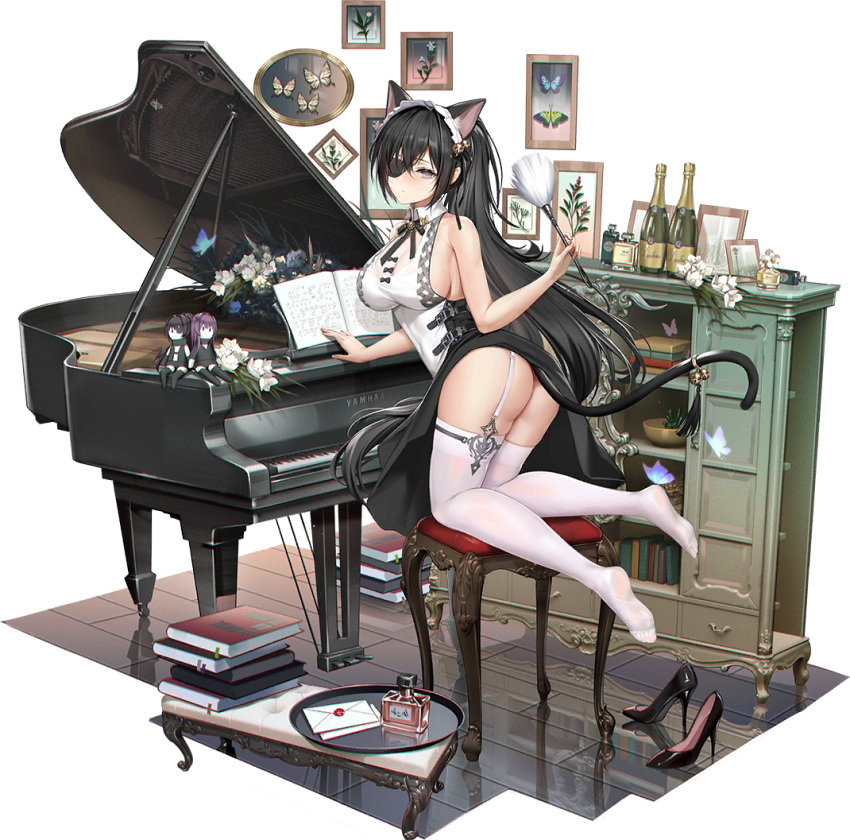 1girl alternate_costume animal_ear_fluff animal_ears ass bangs bare_arms bare_shoulders black_eyes black_hair blush book bottle breasts cat_ears cat_girl cat_tail champagne_bottle doll eyepatch feet flower full_body garter_straps high_heels holding instrument iron_saga kneeling large_breasts legs letter long_hair looking_at_viewer official_art piano picture_frame serenity_(iron_saga) serenity_(iron_saga)_(maid_cosplay) shoes shoes_removed sideboob skindentation sleeveless soles solo tail thighhighs transparent_background very_long_hair white_legwear zjsstc