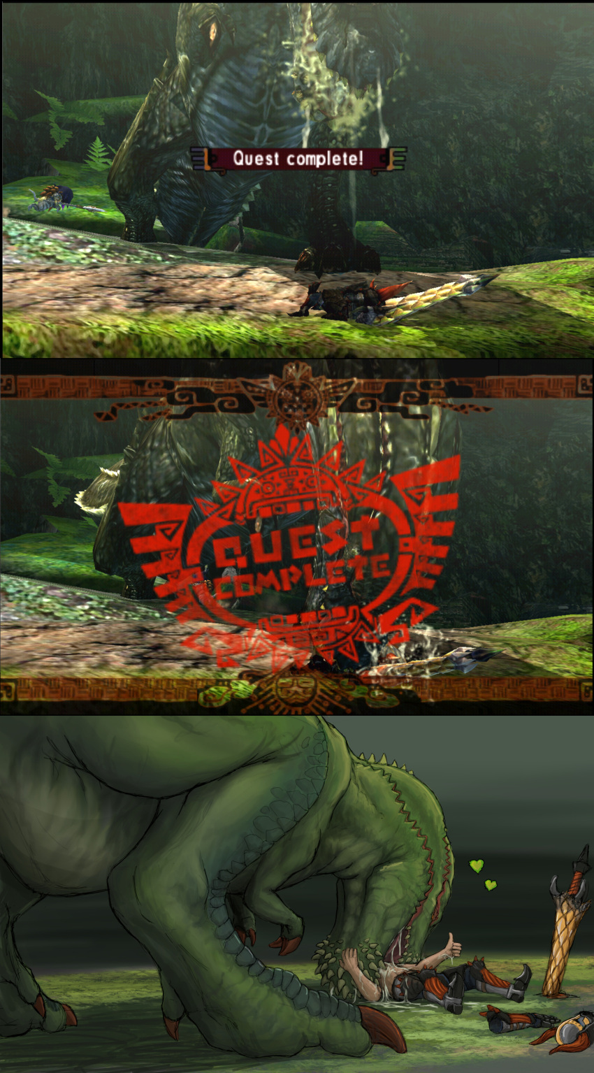 &lt;3 2022 absurd_res ambiguous_gender bestiality bodily_fluids brute_wyvern capcom clothing colored deviljho discarded_clothing duo feral gesture hi_res human ijoe kissing larger_ambiguous larger_feral licking lying male male/ambiguous mammal monster_hunter on_back saliva scalie size_difference smaller_human smaller_male thumbs_up tongue tongue_out video_games
