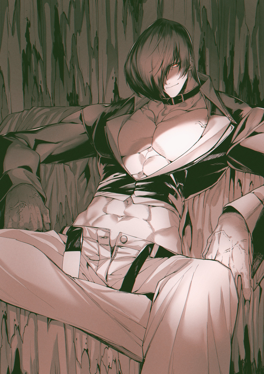 1boy abs absurdres bangs choker closed_mouth commentary cropped_jacket hair_over_one_eye highres jacket limited_palette long_sleeves looking_at_viewer male_focus muscular muscular_male pants pectoral_cleavage pectorals red_eyes rx_hts sitting solo spread_legs the_king_of_fighters veins yagami_iori