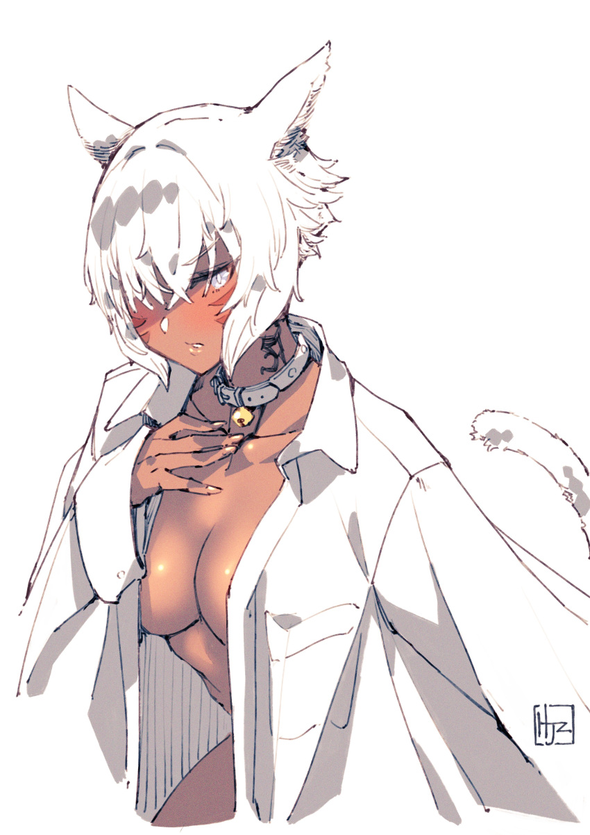 1girl absurdres animal_ears artist_name bell breasts cat_ears cat_tail cleavage collar collarbone collared_shirt dark-skinned_female dark_skin facial_mark final_fantasy final_fantasy_xiv fingernails grey_eyes hair_over_one_eye hand_on_own_chest highres hjz_(artemi) long_fingernails long_sleeves medium_breasts miqo'te naked_shirt neck_bell neck_tattoo open_clothes open_shirt oversized_clothes oversized_shirt shirt short_hair signature slit_pupils solo tail tattoo whisker_markings white_background white_hair white_shirt y'shtola_rhul