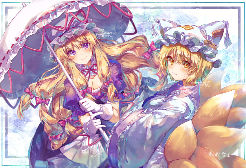 2girls :3 absurdres ayatsuki_sugure bangs blonde_hair blush bow breasts brooch cleavage closed_mouth commentary detached_collar dress elbow_gloves fox_tail frilled_dress frilled_shirt_collar frills gloves hair_ribbon hand_on_own_face hands_in_opposite_sleeves happy hat highres holding holding_umbrella jewelry kitsune lips long_hair long_sleeves looking_at_viewer medium_breasts mob_cap multiple_girls multiple_tails ofuda ofuda_on_clothes own_hands_together pillow_hat puffy_short_sleeves puffy_sleeves purple_dress purple_eyes red_bow red_ribbon ribbon ribbon-trimmed_umbrella ribbon_trim shiny shiny_hair short_hair short_sleeves sidelocks smile sparkle standing tabard tail tassel touhou tress_ribbon twitter_username umbrella white_dress white_gloves white_sleeves wide_sleeves yakumo_ran yakumo_yukari yellow_eyes