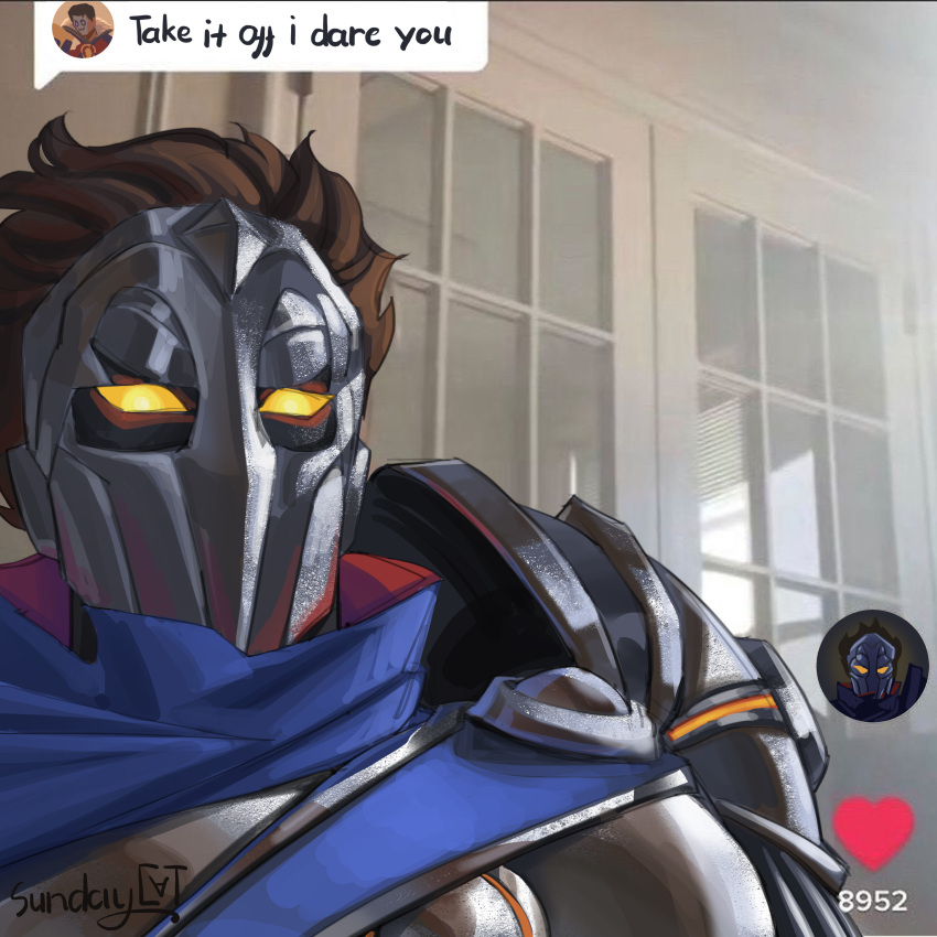 1boy absurdres armor artist_name bangs blue_cape brown_hair cape cover_them_up_slut_(meme) heart highres jayce_(league_of_legends) league_of_legends looking_at_viewer male_focus mask meme portrait short_hair shoulder_armor solo sundaycat3 viktor_(league_of_legends) window