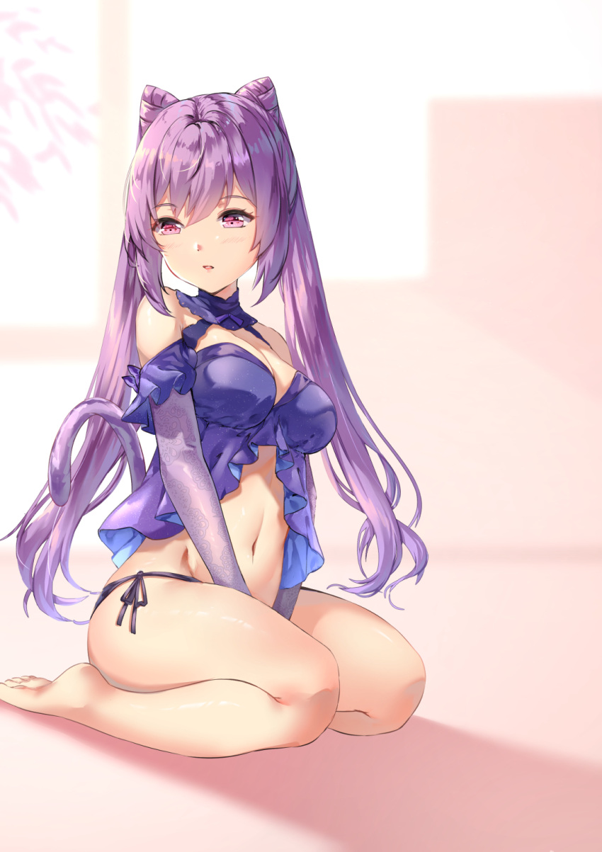 1girl babydoll bare_legs bare_shoulders barefoot black_panties breasts cat_tail chahei cleavage commentary elbow_gloves genshin_impact gloves hair_cones highres kemonomimi_mode keqing_(genshin_impact) long_hair looking_away looking_to_the_side medium_breasts navel panties parted_lips purple_eyes purple_gloves purple_hair side-tie_panties sitting solo symbol-only_commentary tail twintails underwear very_long_hair wariza