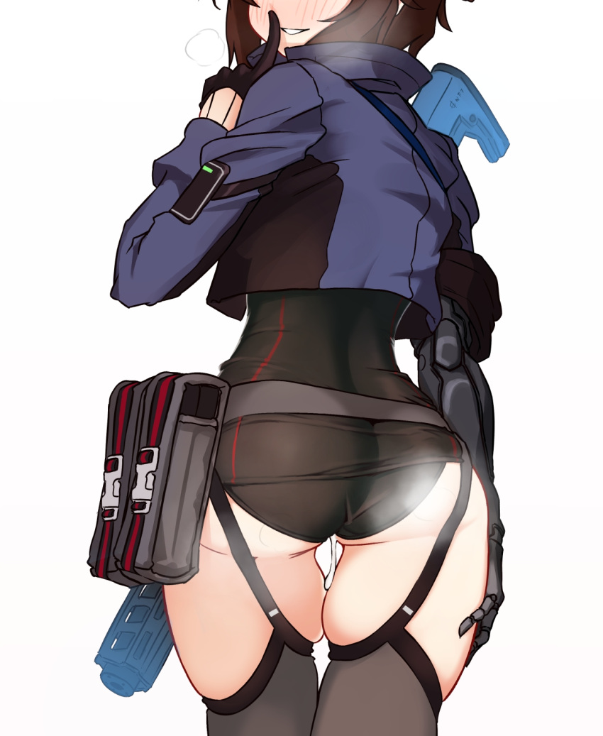 1girl ass black_gloves black_legwear black_leotard blue_jacket blush breath cropped_jacket cum cumdrip from_behind garter_straps girls'_frontline gloves gun head_out_of_frame head_tilt highres index_finger_raised jacket leotard long_sleeves nose_blush parted_lips pouch prosthesis prosthetic_arm sate simple_background solo steam thighhighs type_79_(girls'_frontline) weapon white_background