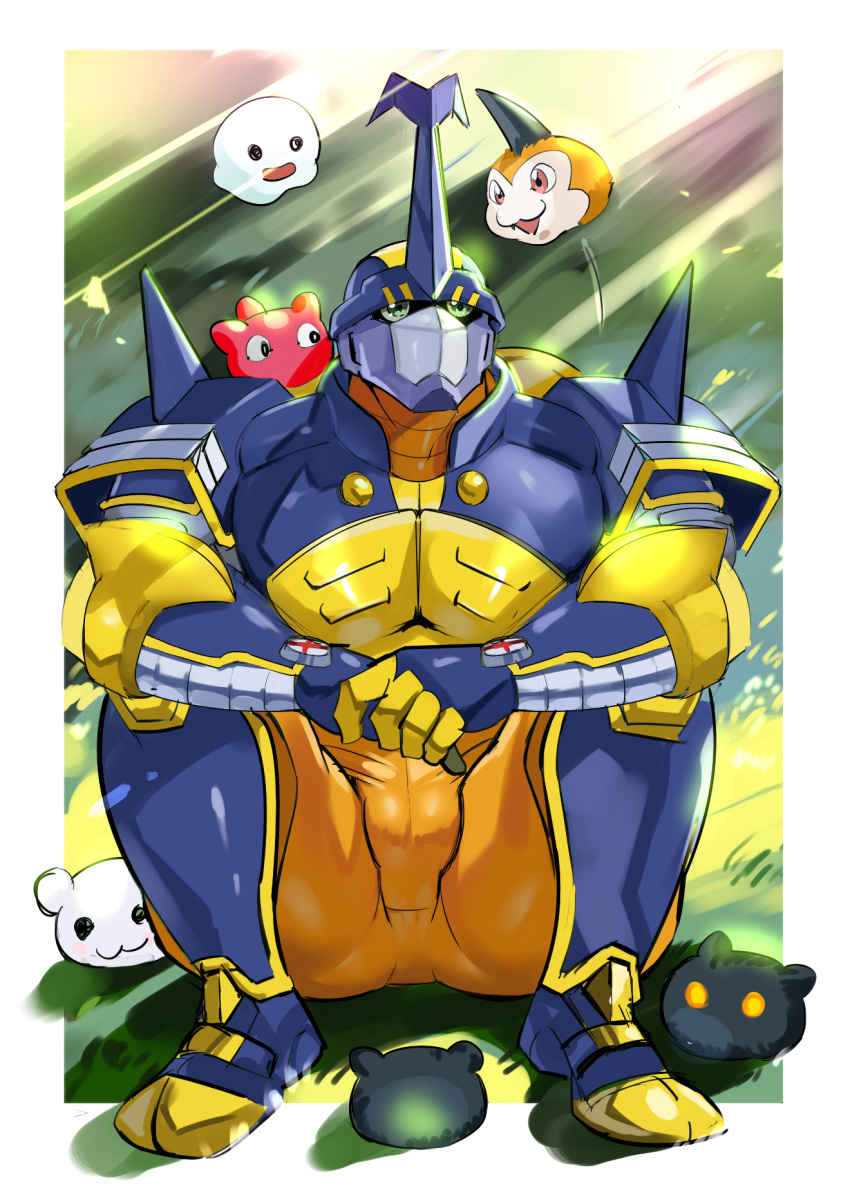 1boy armor biceps blitzmon botamon chest_plate day digimon digimon_(creature) digimon_frontier glass green_eyes helmet highres latex_pants light looking_up muscular muscular_male pectorals poyomon punimon shoulder_armor sitting tight tofu_(tofulabo) tunomon yukimibotamon