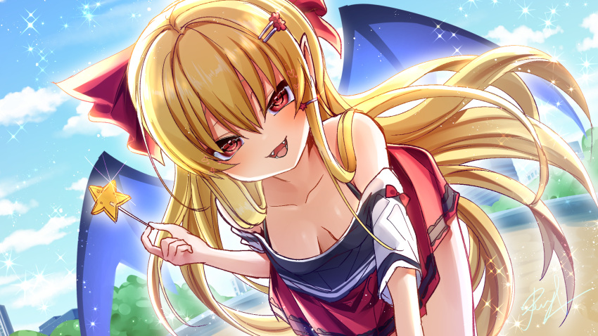 adapted_costume bare_shoulders bat_wings beach black_bra black_shirt black_wings blonde_hair bra breasts breasts_apart cleavage collarbone elis_(touhou) fangs hair_ornament hairpin highres leaning_forward long_hair miniskirt naughty_face off-shoulder_shirt off_shoulder open_mouth red_eyes red_skirt sea_scorpion_(umisasori) shirt skirt small_breasts star_(symbol) star_wand symbol-only_commentary touhou touhou_(pc-98) underwear very_long_hair wand wings