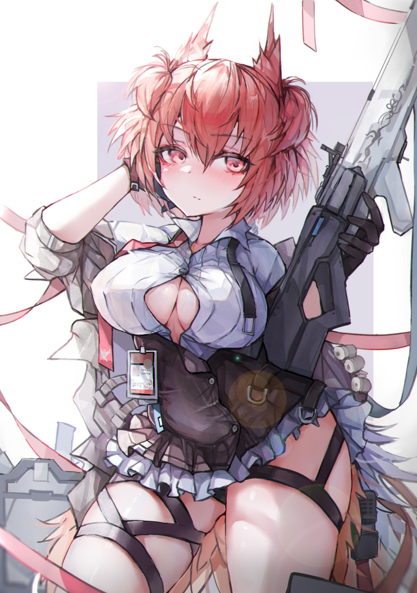 1girl arknights arm_up bangs bird_girl bird_tail black_gloves black_jacket black_panties black_skirt blush breasts cleavage closed_mouth collared_shirt contrapposto cowboy_shot eyebrows_visible_through_hair feather_hair fiammetta_(arknights) frilled_skirt frills gloves gun hand_in_hair high-waist_skirt highres holding holding_gun holding_weapon id_card jacket large_breasts lens_flare long_sleeves no_humans off_shoulder open_clothes open_jacket open_shirt oreshki panties pantyshot red_eyes red_hair shirt short_hair skirt solo tail thigh_strap two-tone_background underwear weapon white_shirt
