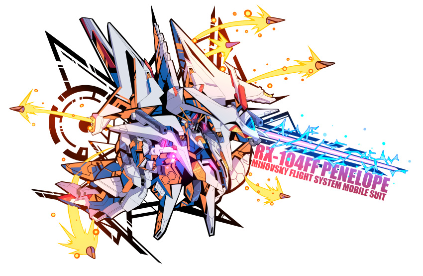 absurdres arm_blade beam_rifle beam_saber character_name electricity energy_blade energy_gun english_commentary english_text funnels gundam gundam_hathaway's_flash gylmyr highres mecha missile mobile_suit no_humans penelope_(hathaway's_flash) pink_eyes redesign science_fiction solo v-fin weapon white_background