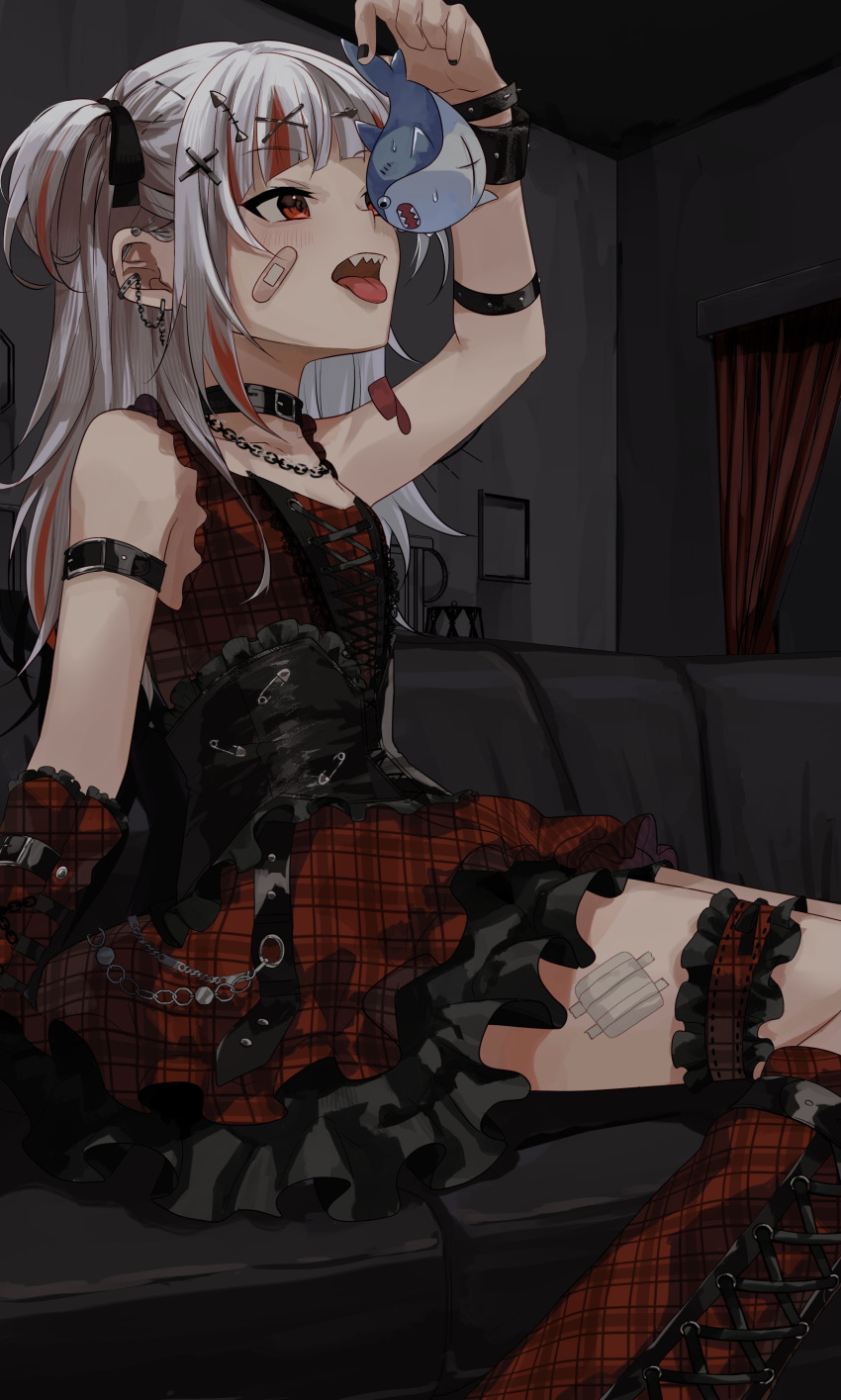 1girl absurdres arm_garter arm_up bandaid bandaid_on_face bangs black_background black_dress bloop_(gawr_gura) blush boots chain checkered_clothes choker commentary couch cross-laced_footwear curtains dress ear_piercing eto_sister frilled_dress frills garters gawr_gura hair_ornament highres holding hololive hololive_english knee_boots long_hair multicolored_hair nail_polish open_mouth piercing red_curtains red_dress red_eyes red_footwear reflect_(gawr_gura) room sharp_teeth sitting solo streaked_hair sweatdrop symbol-only_commentary teeth tongue tongue_out two-tone_dress virtual_youtuber white_hair wristband