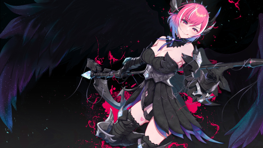 1girl :q black_gloves black_legwear black_wings blush breasts bright_pupils chastity_belt cleavage copyright_request crazy_smile feathered_wings gloves hairband highres holding holding_scythe horns large_breasts leg_tattoo looking_at_viewer making-of_available mole mole_on_breast navel_piercing piercing pink_eyes pink_hair pochi_(pochi-goya) scythe smile solo spiked_hairband spikes tattoo thighhighs tongue tongue_out white_pupils wings
