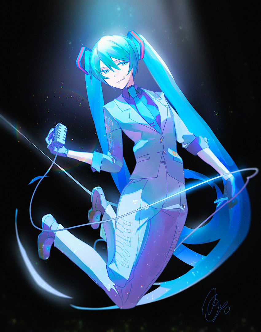 1girl agyou_sonokou_l aqua_eyes aqua_hair aqua_necktie black_background black_gloves black_shirt blue_jacket blue_pants commentary dress_pants formal full_body gloves hair_ornament half-closed_eyes hatsune_miku highres holding holding_microphone jacket legs_up long_hair microphone microphone_cord midair necktie pants piano_print shirt signature sleeves_rolled_up smile smirk solo spotlight suit twintails very_long_hair vocaloid