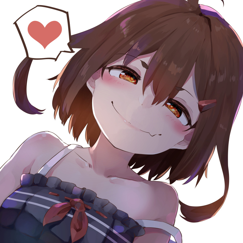 1girl absurdres bare_shoulders blue_camisole brown_eyes brown_hair camisole collarbone fang frilled_camisole hair_ornament hairclip heart highres ikazuchi_(kancolle) kantai_collection looking_at_viewer short_hair simple_background skin_fang smile solo spoken_heart strap_slip taisho_(gumiyuki) white_background