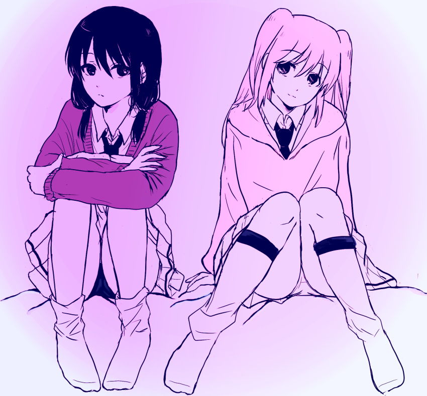 2girls arm_support collared_shirt highres hood hoodie hugging_own_legs kneehighs kuromilk loose_socks low_twintails multiple_girls multiple_monochrome necktie nemoto_hina no_shoes panties pantyshot pink_theme pleated_skirt purple_theme school_uniform shirt sitting skirt tamura_yuri twintails two_side_up underwear upskirt watashi_ga_motenai_no_wa_dou_kangaetemo_omaera_ga_warui!