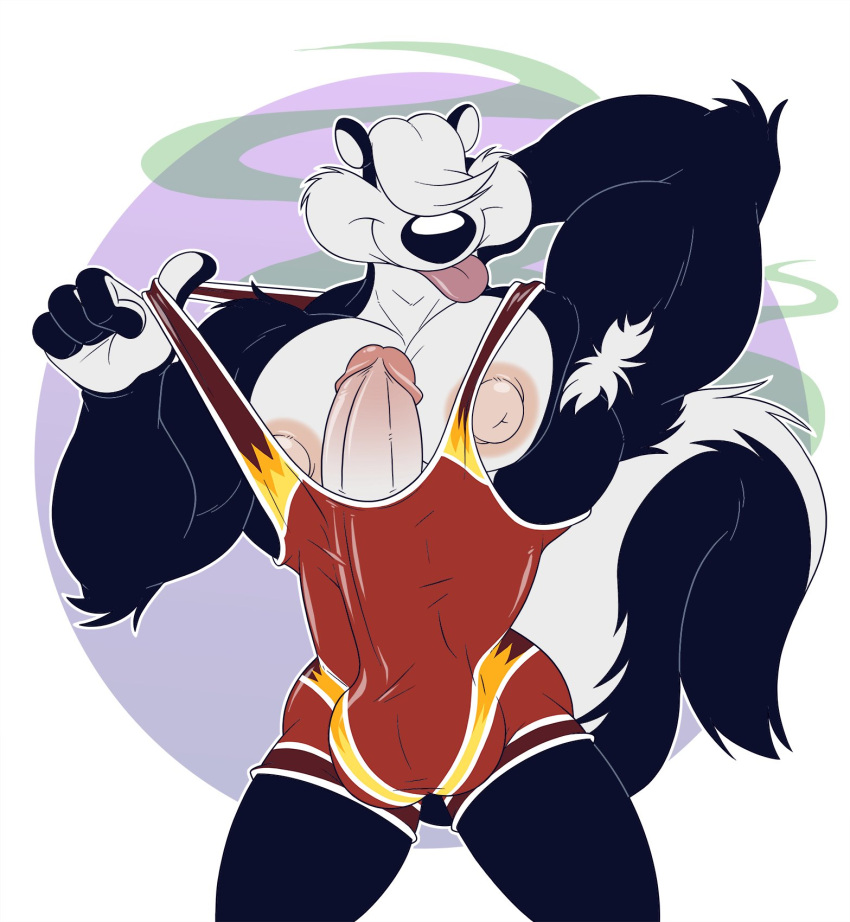 anthro anti_dev big_nipples bulge genitals hi_res long_penis male mammal mephitid nipples penis pitu_le_pew skunk smelly solo tongue tongue_out wrestling_singlet