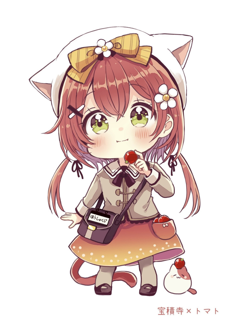 1girl :i animal animal_ears animal_hat bag bangs beret black_bow black_footwear blush bow cat cat_ears cat_hat cat_tail closed_mouth collared_shirt commentary_request diagonal-striped_bow eating eyebrows_visible_through_hair fake_animal_ears flower food full_body green_eyes grey_legwear grey_shirt hair_between_eyes hair_flower hair_ornament hairclip hat highres holding holding_food long_hair long_sleeves looking_at_viewer original pantyhose red_hair red_skirt sakura_oriko shirt shoes shoulder_bag simple_background skirt solo standing tail translation_request two_side_up very_long_hair wavy_hair white_background white_flower white_headwear x_hair_ornament yellow_bow