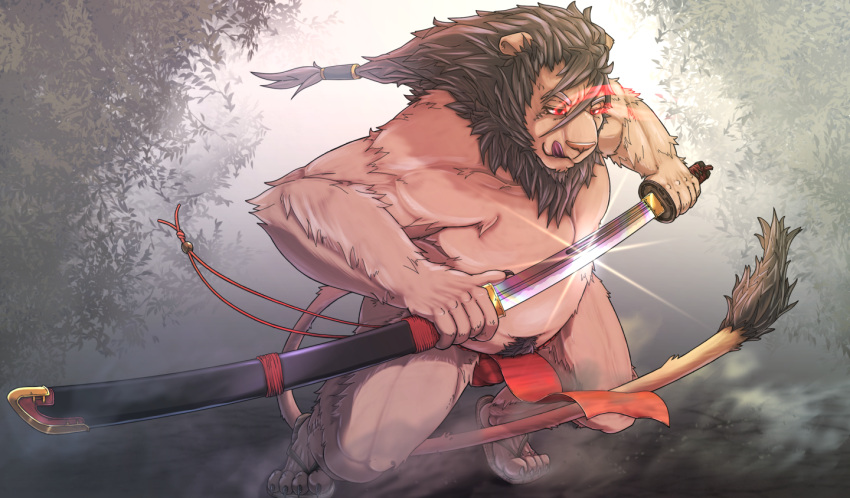 2013 anthro asian_clothing belly clothing detailed_background east_asian_clothing felid fundoshi humanoid_hands japanese_clothing kemono lion male mammal musclegut oaks16 overweight overweight_male pantherine plant red_clothing red_fundoshi red_underwear solo tongue tongue_out tree underwear weapon