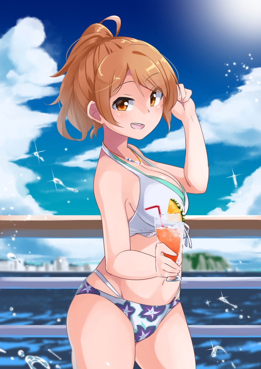 1girl bangs bikini blue_sky blurry blurry_background breasts brown_hair cloud cloudy_sky commentary cowboy_shot cup day depth_of_field drinking_glass drinking_straw eyebrows_visible_through_hair floral_print food from_side fruit halterneck hand_in_hair highres hojo_karen holding holding_cup horizon ice idolmaster idolmaster_cinderella_girls jewelry lime_(fruit) lime_slice looking_at_viewer medium_breasts medium_hair mismatched_bikini multi-strapped_bikini navel necklace ocean open_mouth outdoors ponytail print_bikini railing sky smile solo standing swimsuit water_drop yuuichi_(reductionblack)