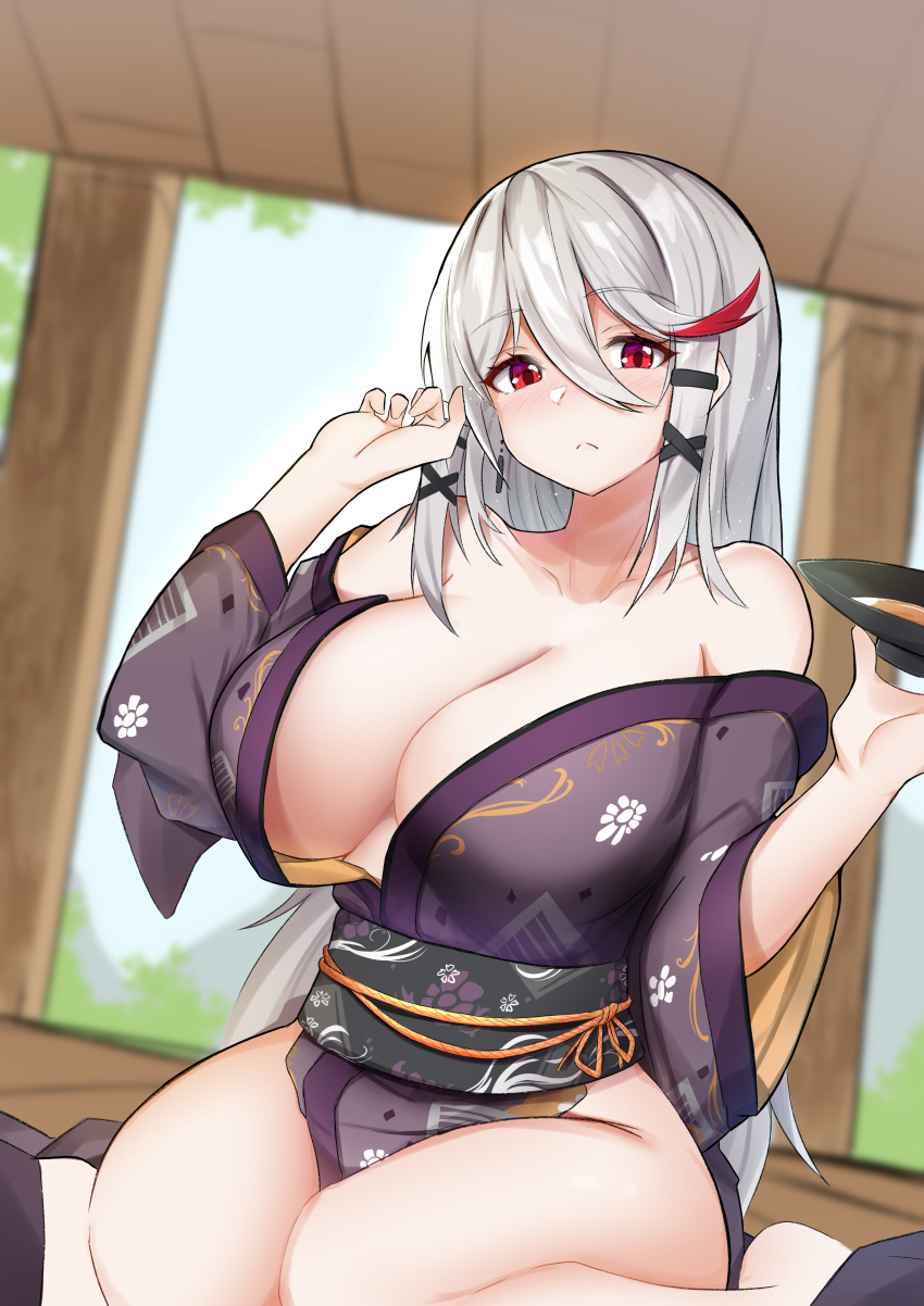 1girl absurdres bangs bare_shoulders blush breasts cleavage closed_mouth collarbone eyebrows_visible_through_hair grey_hair hair_ornament hairclip hand_in_hair highres holding holding_tray j_yak47 japanese_clothes kimono klone_(j.roswel) large_breasts long_hair looking_at_viewer multicolored_hair on_floor original red_eyes seiza silver_hair simple_background sitting solo tray