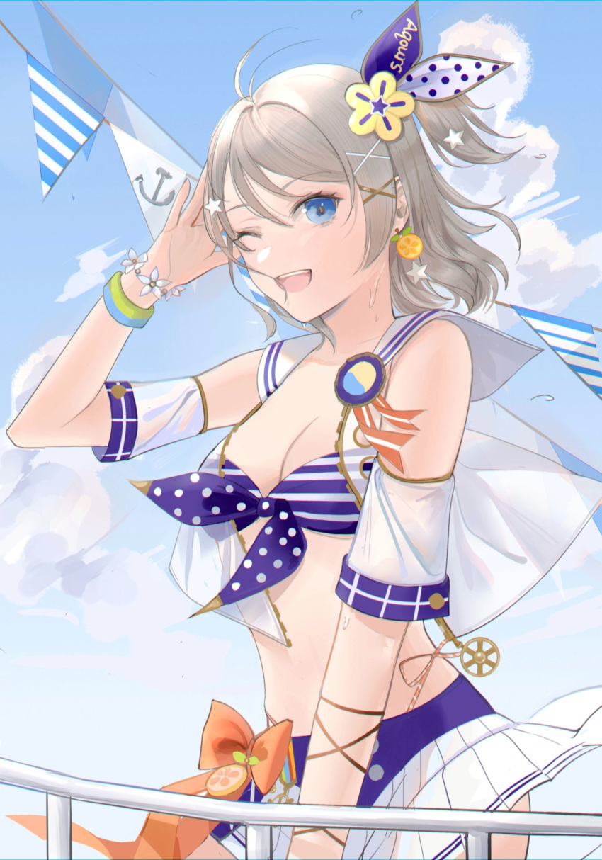 1girl absurdres arm_cuffs bikini blue_bikini blue_eyes blue_sky bow bracelet breasts chilli_646 cleavage cloud commentary crop_top day earrings flower food food-themed_earrings fruit grey_hair hair_ornament hairclip hand_up highres jewelry looking_at_viewer love_live! love_live!_sunshine!! medium_breasts medium_hair one_eye_closed open_clothes open_mouth open_shirt orange_(fruit) orange_bow orange_slice outdoors railing salute shirt skirt sky sleeveless sleeveless_shirt smile solo star_(symbol) star_earrings star_hair_ornament sweat swimsuit upper_body watanabe_you white_flower white_shirt white_skirt wristband