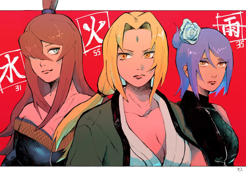 3girls bangs bare_shoulders black_dress blonde_hair blue_dress breasts brown_eyes brown_hair cleavage closed_mouth collarbone dress eyeshadow facial_mark fishnets flower forehead_mark green_eyes hair_between_eyes hair_bun hair_flower hair_ornament highres jacket japanese_clothes kimono konan_(naruto) large_breasts long_hair long_sleeves looking_at_viewer looking_to_the_side makeup moiko_(moi_pic_) multiple_girls naruto_(series) naruto_shippuuden orange_eyes parted_bangs pink_lips purple_hair short_hair smile strapless strapless_dress terumi_mei tsunade_(naruto) very_long_hair zipper_pull_tab