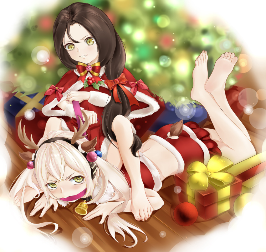 2girls absurdres angry animal_ears antlers bare_legs barefoot bell black_hair blurry blurry_background blush bow box christmas christmas_ornaments christmas_tree collar commentary_request deer_ears deer_tail destroyer_(girls'_frontline) dreamer_(girls'_frontline) dress dyamond fake_animal_ears fake_antlers feet frown gag gift gift_box girls'_frontline grin hair_bow highres lens_flare lens_flare_abuse long_hair looking_at_another lying midriff multiple_girls neck_bell on_person on_stomach red_dress reindeer_antlers sangvis_ferri santa_costume smile soles tail the_pose toenails toes twintails white_hair yellow_eyes