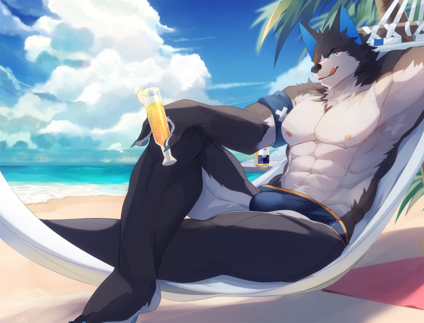abs alcohol anthro armband barefoot beach beer beverage biped black_body black_ears black_fur black_nose blue_claws blue_inner_ear blue_pawpads bulge canid canine canis cheek_tuft claws clothed clothing cloud cocktail_glass colored container corona_(beer) countershade_arms countershade_face countershade_fur countershade_legs countershade_torso countershading cup day detailed_background digital_media_(artwork) drinking_glass facial_tuft feet finger_claws fingers front_view full-length_portrait fur glass glass_container glass_cup hammock head_tuft holding_beverage holding_glass holding_object kemono licking licking_lips licking_own_lips lifeguard looking_at_viewer male mammal monotone_ears multicolored_body multicolored_fur muscular muscular_anthro muscular_male neck_tuft nekojita nipple_piercing nipple_ring nipples palm_tree pawpads pecs piercing pink_nipples pinup plant portrait pose quads reclining sand sea seaside self_lick shaded sitting skimpy sky snout solo thong three-quarter_view tongue tongue_out topless tree tuft two_tone_body two_tone_fur underwear water white_body white_countershading white_fur wolf