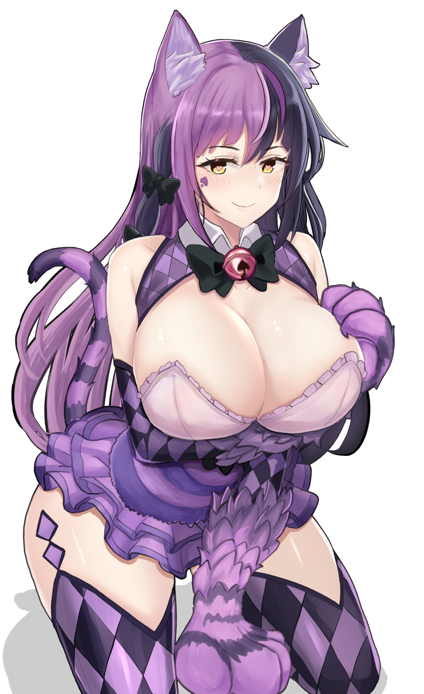 1girl absurdres animal_hands bare_shoulders bell black_hair blush body_fur breasts cat_girl cat_tail checkered_clothes checkered_legwear cheshire_cat_(monster_girl_encyclopedia) cleavage closed_mouth desspie heart heart-shaped_pupils highres jingle_bell kneeling large_breasts monster_girl monster_girl_encyclopedia multicolored_hair purple_fur purple_hair purple_theme simple_background smile solo symbol-shaped_pupils tail thighhighs two-tone_hair white_background yellow_eyes