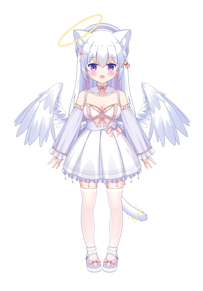 1girl :d absurdres angel angel_wings animal_ear_fluff animal_ears bangs bell beret blush braid breasts cat_ears cat_girl cat_tail cleavage commentary_request detached_sleeves dress eyebrows_visible_through_hair feathered_wings frilled_sleeves frills full_body hair_bell hair_between_eyes hair_ornament halo hat highres jingle_bell liang_feng_qui_ye long_hair long_sleeves looking_at_viewer medium_breasts multicolored_hair original pink_hair pleated_dress purple_eyes purple_footwear purple_headwear purple_sleeves shoes silver_hair simple_background sleeveless sleeveless_dress sleeves_past_wrists smile solo standing streaked_hair tail thighhighs very_long_hair white_background white_dress white_legwear white_wings wings