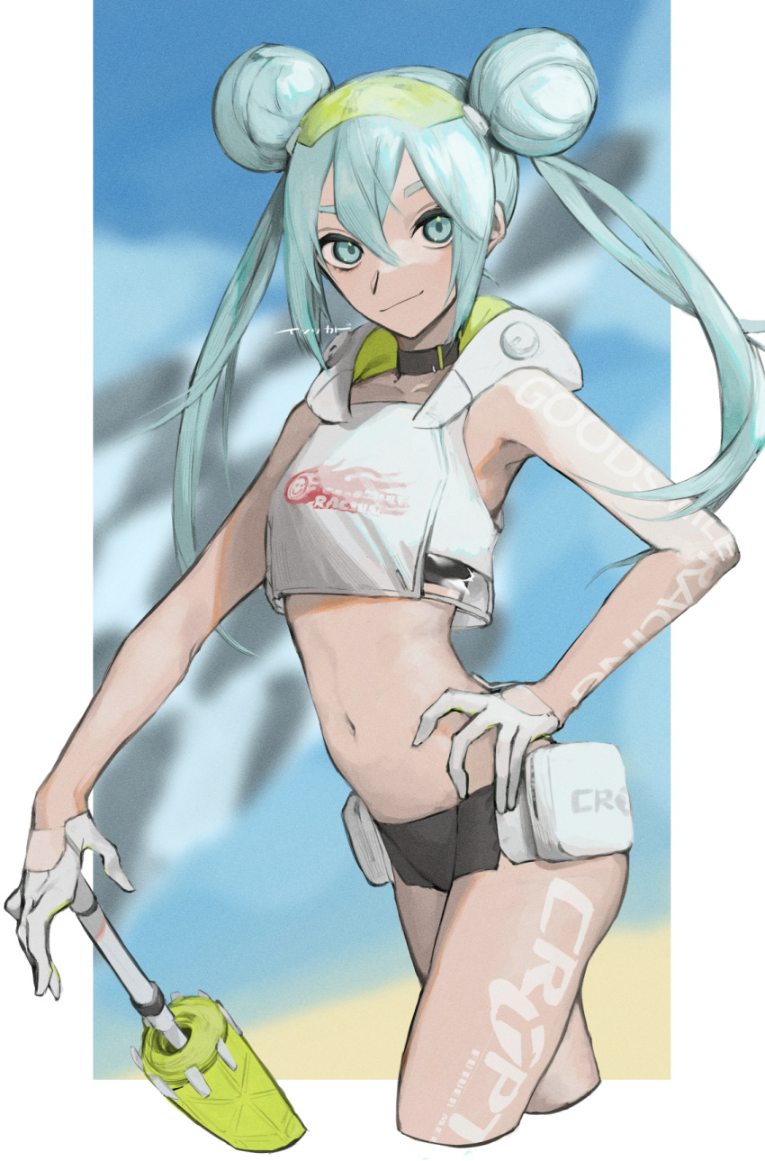 1girl 5tsukado aqua_eyes aqua_hair bare_shoulders beach blue_sky blurry blurry_background body_writing closed_mouth cloud cloudy_sky commentary double_bun film_grain gloves goodsmile_racing grey_choker hair_between_eyes hair_bun half_gloves hand_on_hip hatsune_miku highres hood hood_down long_hair navel ocean outdoors pouch racing_miku racing_miku_(2022) sand see-through signature sky smile solo twintails vocaloid white_gloves zipper