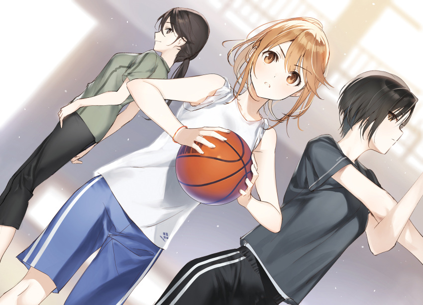 3girls aomi_haru ball basketball black_hair bracelet brown_hair chitose-kun_wa_ramune_bin_no_naka hand_on_hip highres holding holding_ball jewelry misaki-sensei_(chiramune) multiple_girls novel_illustration official_art ponytail short_hair shorts sleeves_rolled_up sportswear stretch third-party_source toudou_mai weee_(raemz)