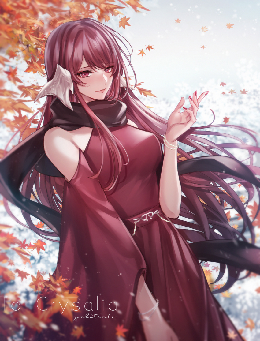 1girl au_ra autumn_leaves avatar_(ff14) bare_shoulders bracelet closed_mouth clothing_cutout commentary_request commission dress falling_leaves final_fantasy final_fantasy_xiv hand_up highres horns jewelry leaf long_hair looking_at_viewer nail_polish outdoors red_dress red_eyes red_hair red_nails shoulder_cutout skeb_commission smile solo upper_body yuli_(yulipo)