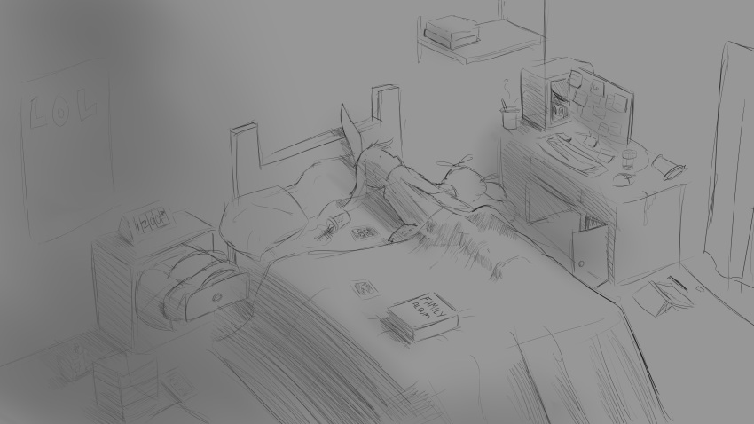 absurd_res agidyne alarm_clock anthro book clock clothed clothing computer computer_desk dresser furniture hi_res lagomorph male mammal messy_room monochrome photo post-it_note poster shelf solo stephen_(agidyne) topless topless_male