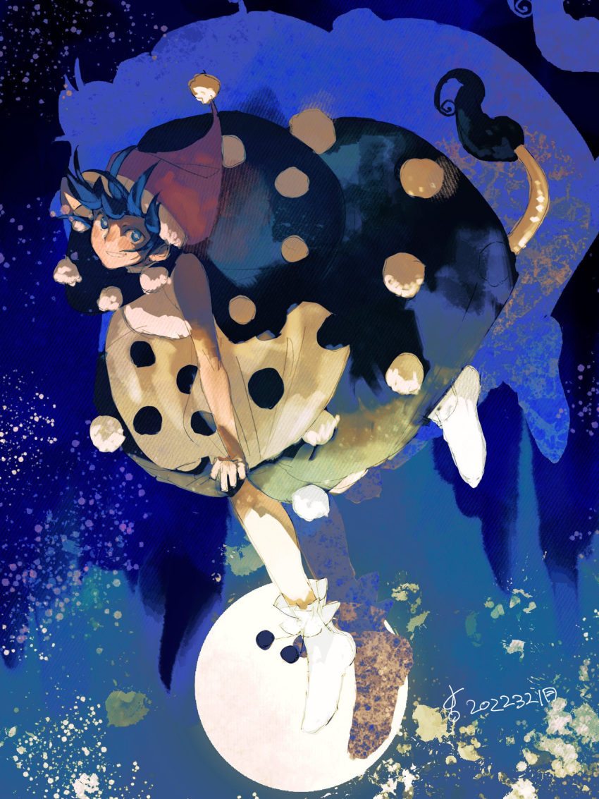 1girl 2022 bangs batsu_koseidai black_background black_dress blue_background blue_eyes blue_hair blue_theme blush bright_pupils closed_mouth commentary_request doremy_sweet dress flying grey_dress hat highres leg_up looking_away moon no_shoes one-hour_drawing_challenge pom_pom_(clothes) purple_headwear shaded_face shadow short_hair short_sleeves signature smile socks solo tail teeth touhou white_dress white_legwear