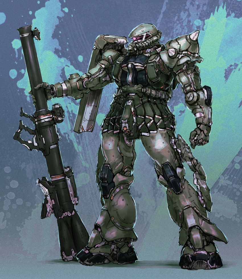clenched_hand gun gundam highres holding holding_gun holding_weapon looking_ahead mecha mobile_suit mobile_suit_gundam no_humans one-eyed purple_eyes redesign science_fiction solo standing weapon yutori_(clockwork_chicken) zaku_ii zeon