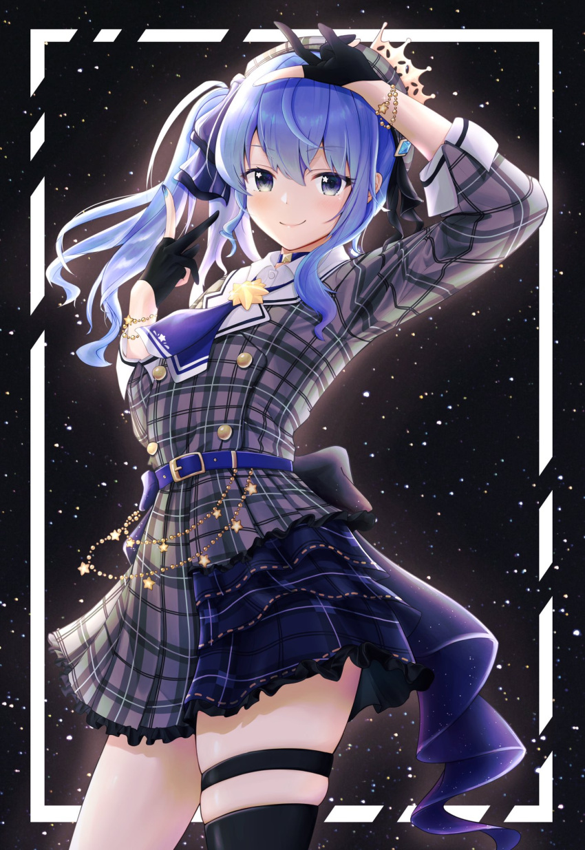 1girl amakumo517 arm_up ascot bangs belt beret black_gloves black_legwear blue_belt blue_choker blue_eyes blue_hair blue_nails choker closed_mouth cowboy_shot crown double_v dress eyebrows_visible_through_hair frills gloves hand_up hat highres hololive hoshimachi_suisei looking_at_viewer mini_crown partially_fingerless_gloves plaid plaid_dress plaid_headwear side_ponytail sidelocks single_thighhigh sky smile solo star_(sky) star_(symbol) star_bracelet star_in_eye starry_background starry_sky symbol_in_eye thigh_strap thighhighs v virtual_youtuber