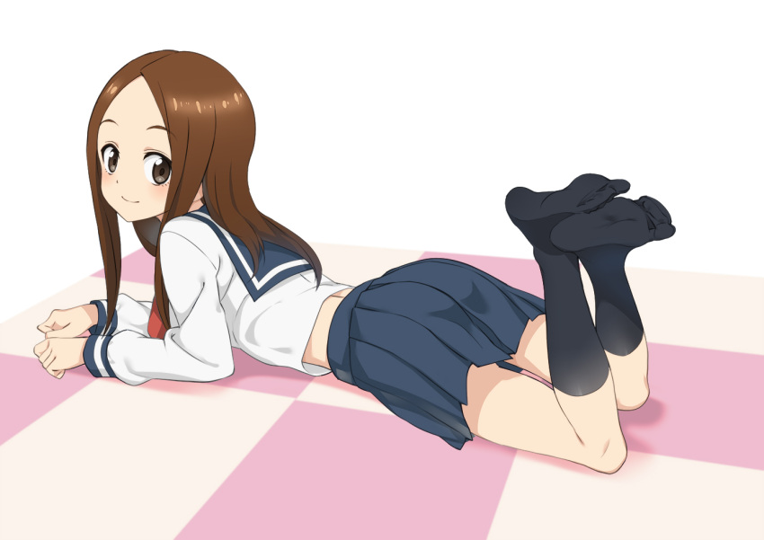 1girl back_peek bangs black_legwear blue_sailor_collar blue_skirt brown_eyes brown_hair checkered_floor closed_mouth commentary full_body karakai_jouzu_no_takagi-san kneehighs long_hair long_sleeves looking_at_viewer looking_to_the_side lying no_shoes nyoro_(nyoronyoro000) on_floor on_stomach parted_bangs pleated_skirt sailor_collar school_uniform serafuku shirt shoes skirt smile socks solo takagi-san white_background white_shirt