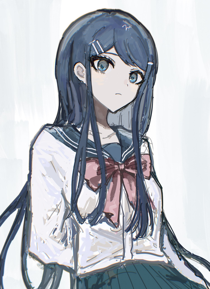 1girl arms_behind_back bangs blue_eyes blue_hair blue_sailor_collar bow bowtie closed_mouth danganronpa:_trigger_happy_havoc danganronpa_(series) etanoku grey_background grey_shirt hair_ornament hairclip highres long_hair looking_at_viewer maizono_sayaka pink_bow pink_bowtie pleated_skirt sailor_collar shirt simple_background skirt smile solo