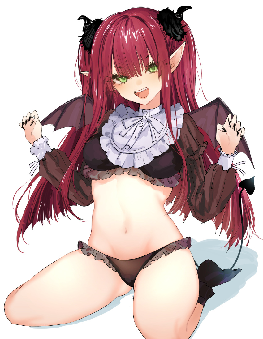 1girl arms_up ass bare_legs black_legwear black_nails bobby_socks breasts cosplay demon_girl demon_horns demon_tail fake_horns fake_tail fangs frills green_eyes highres horns kitagawa_marin long_pointy_ears looking_at_viewer looking_to_the_side medium_breasts midriff navel no_shoes official_art ogai open_mouth panties pointy_ears puffy_sleeves red_hair rizu-kyun rizu-kyun_(cosplay) simple_background sitting smile socks solo sono_bisque_doll_wa_koi_wo_suru stomach tail teeth thighs touching_ears twintails underwear wariza white_background