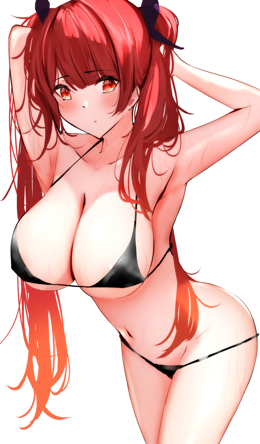 1girl arms_behind_head arms_up azur_lane bikini black_bikini blush bow breasts cleavage cowboy_shot hair_bow highres honolulu_(azur_lane) itete large_breasts looking_at_viewer navel red_eyes red_hair simple_background solo stomach swimsuit twintails white_background