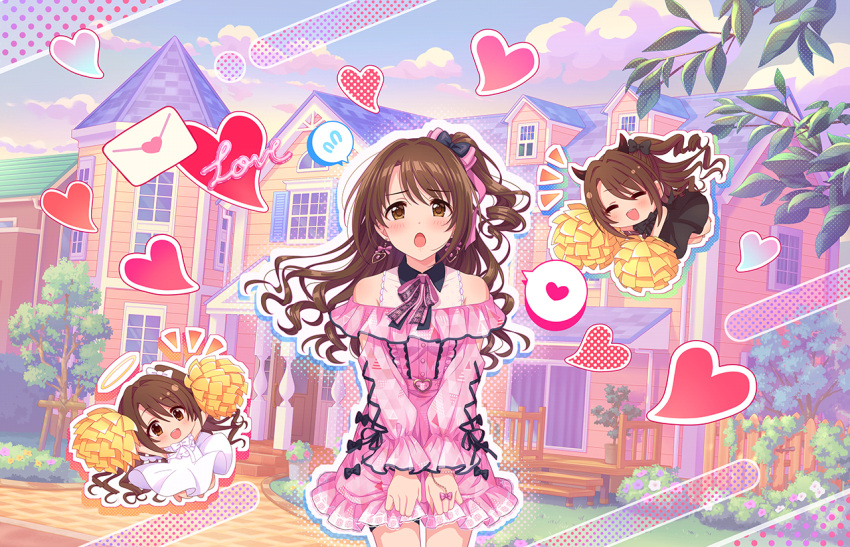 1girl :o angel_and_devil black_dress blush bow brown_hair chibi clothing_cutout cloud demon_horns dress eyebrows_visible_through_hair flying_sweatdrops frilled_dress frills hair_bow halftone_texture halo heart holding holding_pom_poms horns house idol idolmaster idolmaster_cinderella_girls idolmaster_cinderella_girls_starlight_stage letter looking_at_viewer multiple_persona notice_lines official_art one_side_up outline pink_dress pom_pom_(cheerleading) shimamura_uzuki shoulder_cutout spoken_flying_sweatdrops spoken_heart wavy_hair white_dress white_outline